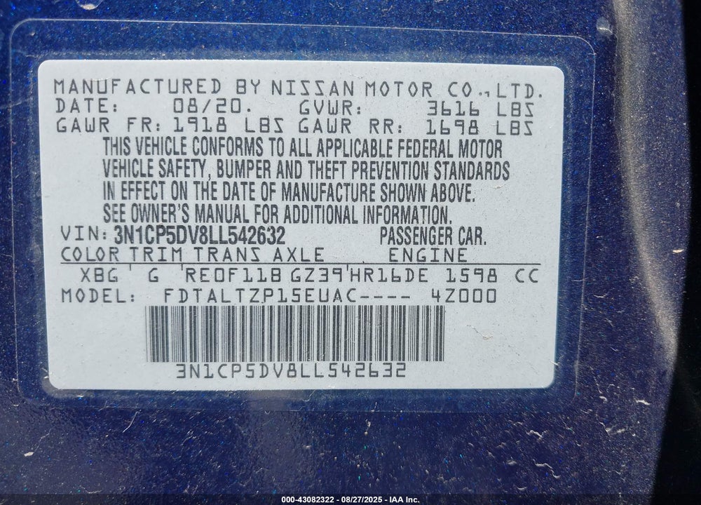 2020 NISSAN KICKS VIN: 3N1CP5DV8LL542632