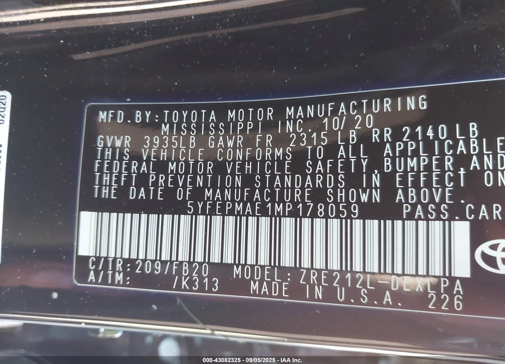2021 TOYOTA COROLLA LE VIN: 5YFEPMAE1MP178059