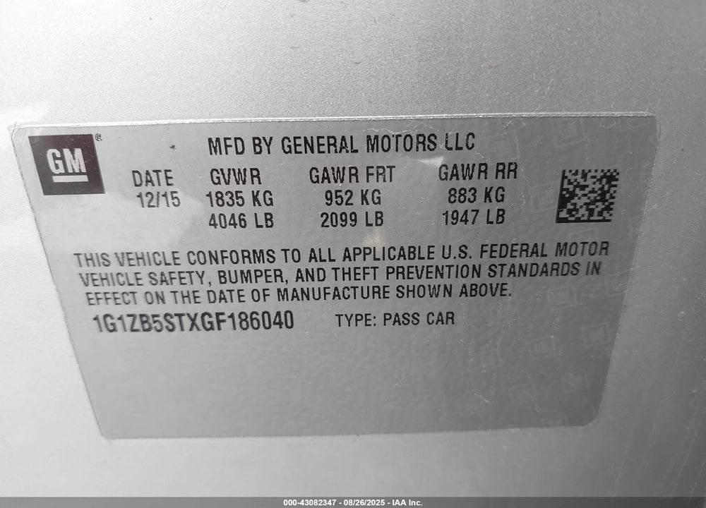 2016 CHEVROLET MALIBU VIN: 1G1ZB5STXGF186040
