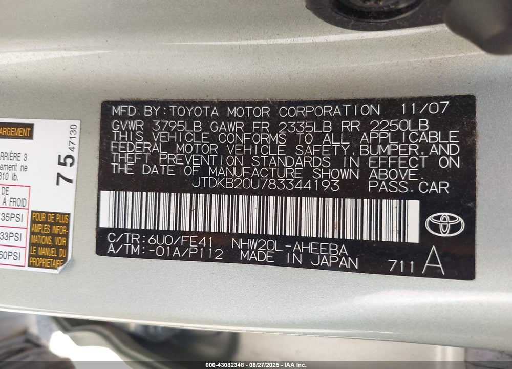2008 TOYOTA PRIUS VIN: JTDKB20U783344193