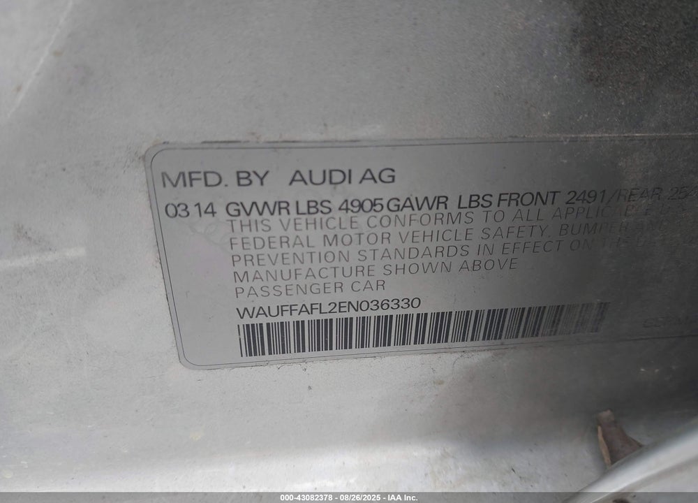 2014 AUDI A4 2.0T PREMIUM VIN: WAUFFAFL2EN036330