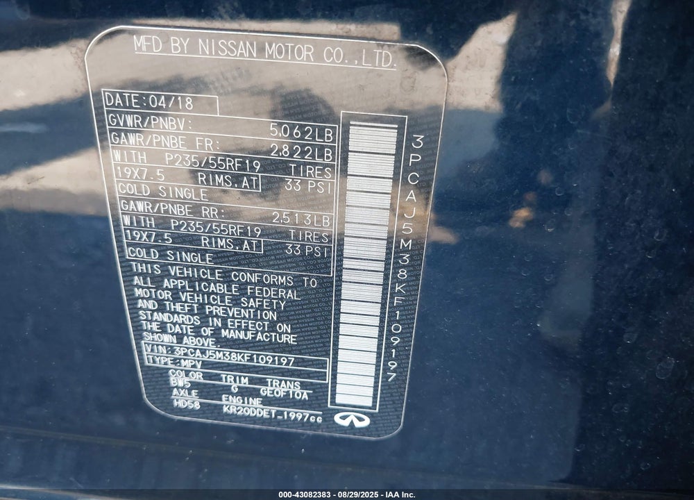 2019 INFINITI QX50 ESSENTIAL VIN: 3PCAJ5M38KF109197