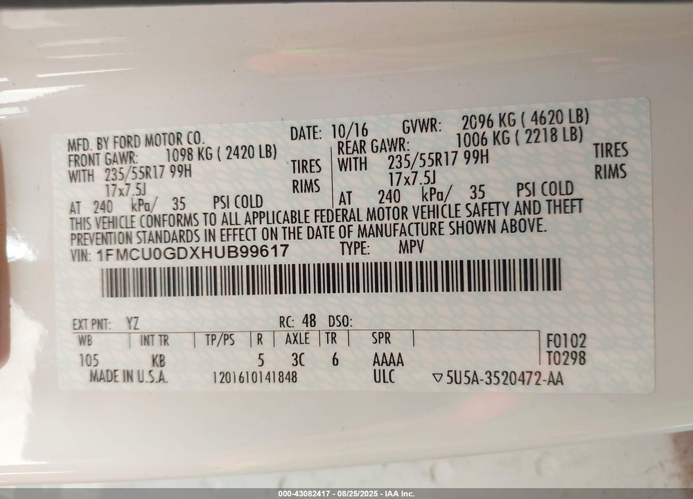 2017 FORD ESCAPE VIN: 1FMCU0GDXHUB99617