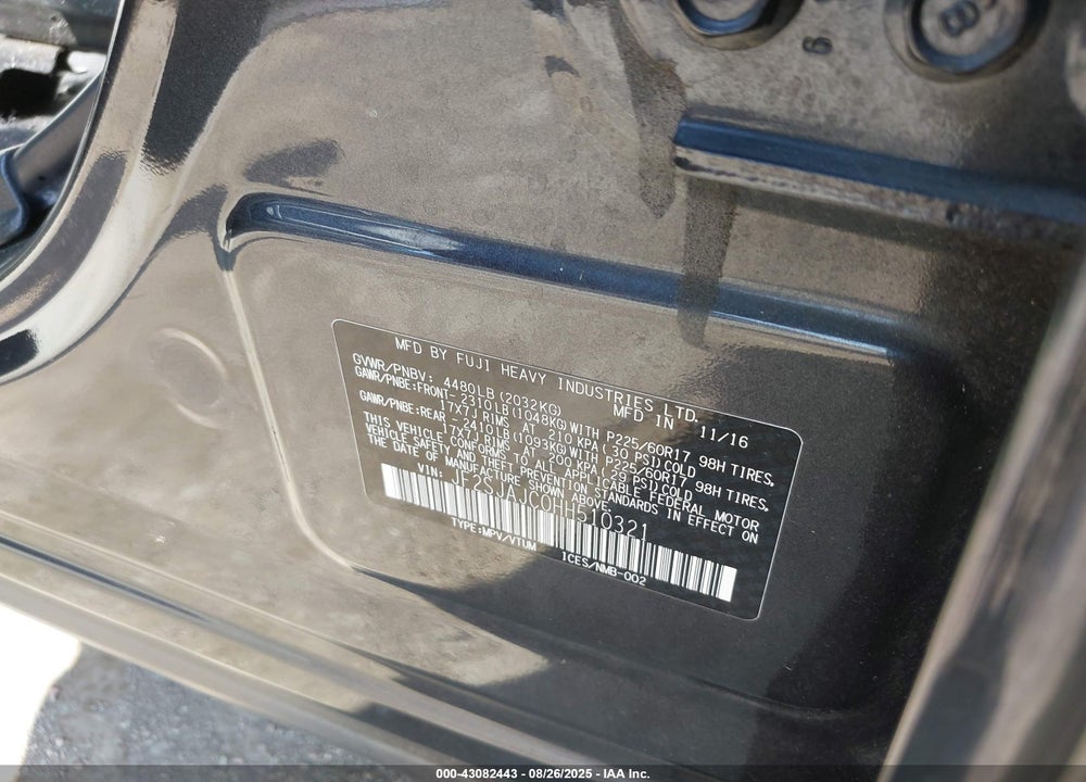 2017 SUBARU FORESTER VIN: JF2SJAJC0HH510321