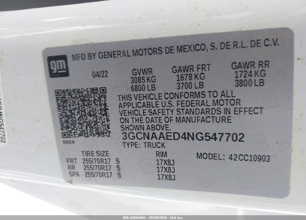 2022 CHEVROLET SILVERADO 1500 VIN: 3GCNAAED4NG547702