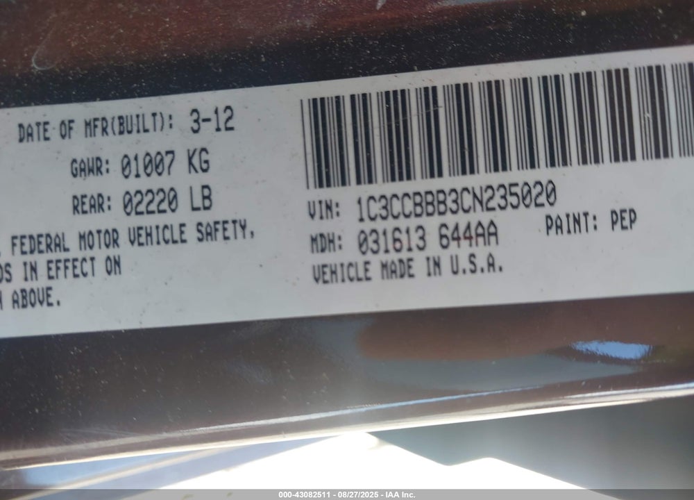 2012 CHRYSLER 200 VIN: 1C3CCBBB3CN235020
