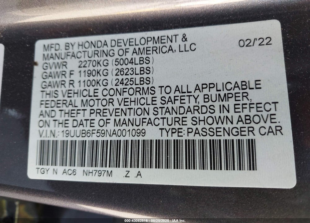 2022 ACURA TLX A-SPEC PACKAGE VIN: 19UUB6F59NA001099
