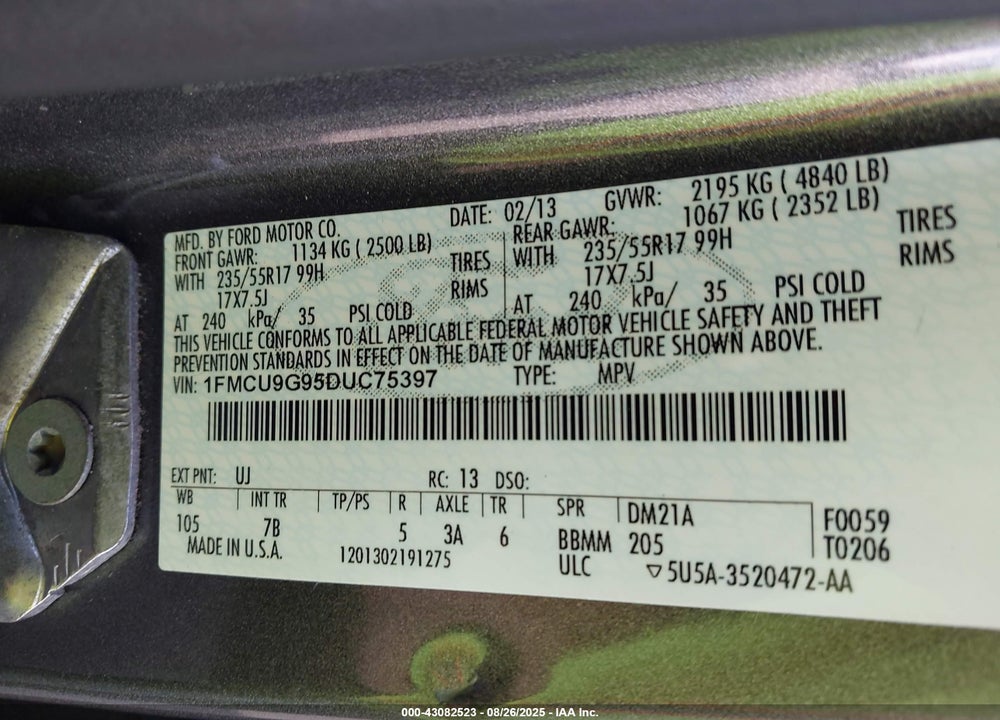 2013 FORD ESCAPE SE VIN: 1FMCU9G95DUC75397