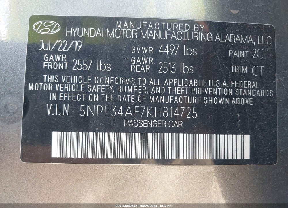 2019 HYUNDAI SONATA VIN: 5NPE34AF7KH814725