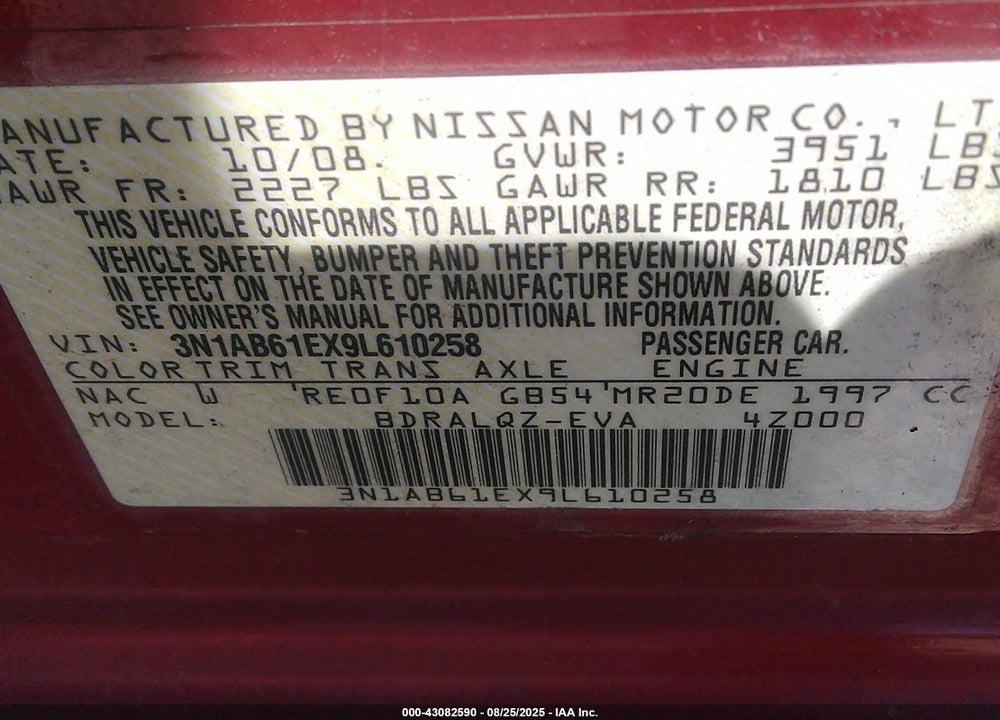 2009 NISSAN SENTRA 2.0 VIN: 3N1AB61EX9L610258