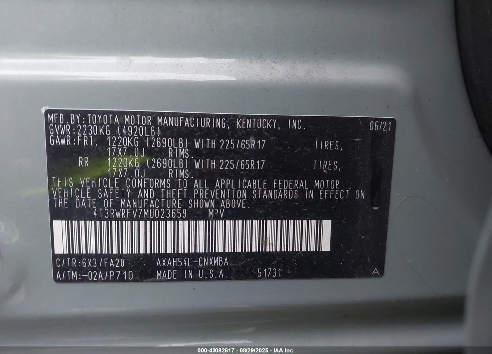 2021 TOYOTA RAV4 HYBRID VIN: 4T3RWRFV7MU023659