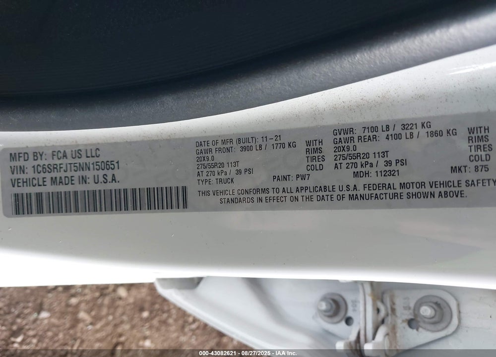 2022 RAM 1500 VIN: 1C6SRFJT5NN150651
