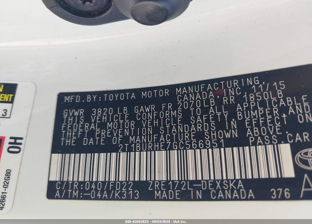 2016 TOYOTA COROLLA VIN: 2T1BURHE7GC566951