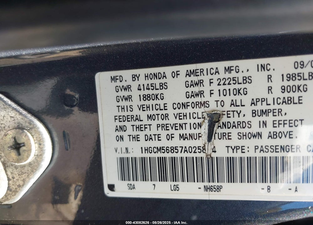 2007 HONDA ACCORD VIN: 1HGCM56857A025834