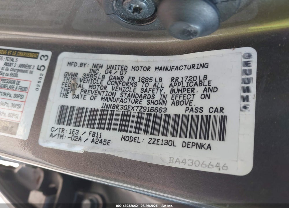 2007 TOYOTA COROLLA LE VIN: 1NXBR30EX7Z916663