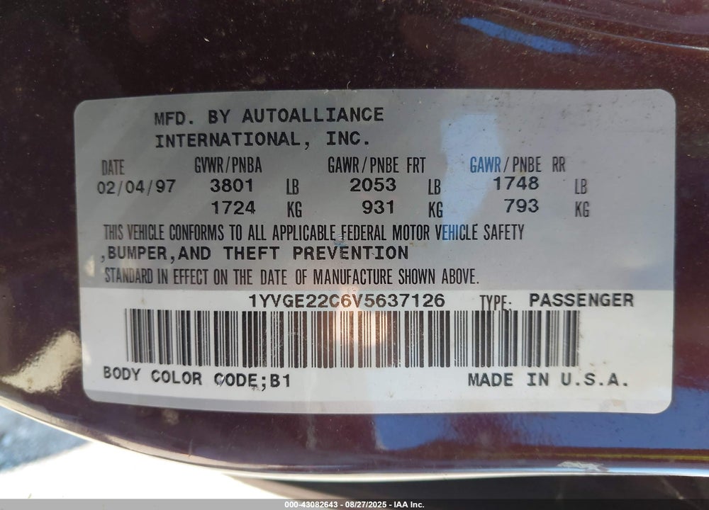 1997 MAZDA 626 DX/LX VIN: 1YVGE22C6V5637126