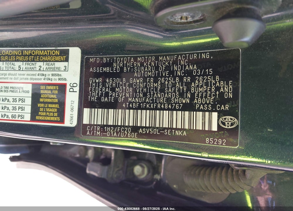 2015 TOYOTA CAMRY VIN: 4T4BF1FKXFR484767