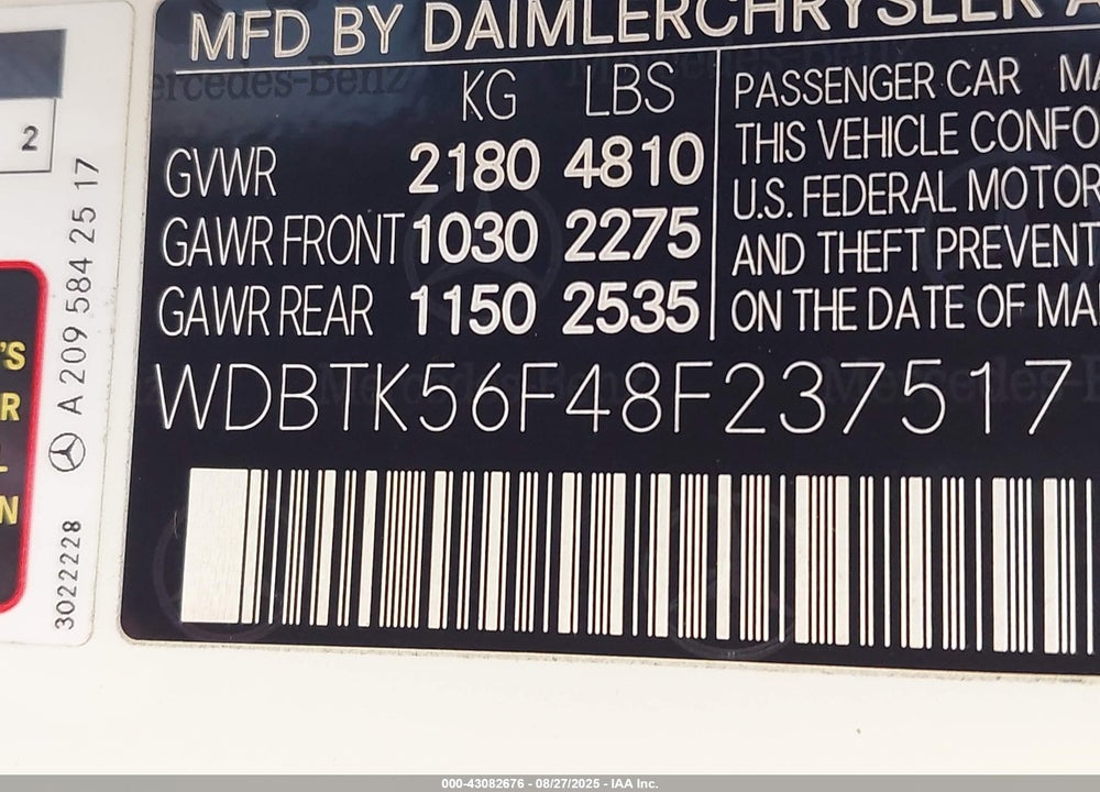 2008 MERCEDES-BENZ CLK 350 VIN: WDBTK56F48F237517