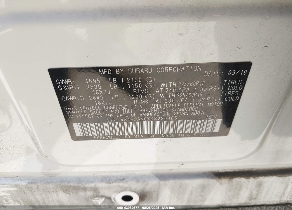 2019 SUBARU OUTBACK VIN: 4S4BSANCXK3236485