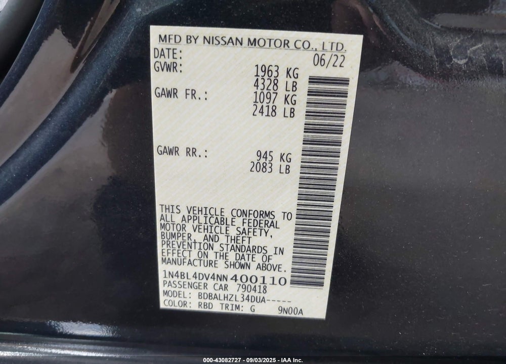 2022 NISSAN ALTIMA SV FWD VIN: 1N4BL4DV4NN400110