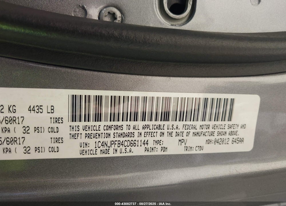 2012 JEEP PATRIOT VIN: 1C4NJPFB4CD661144