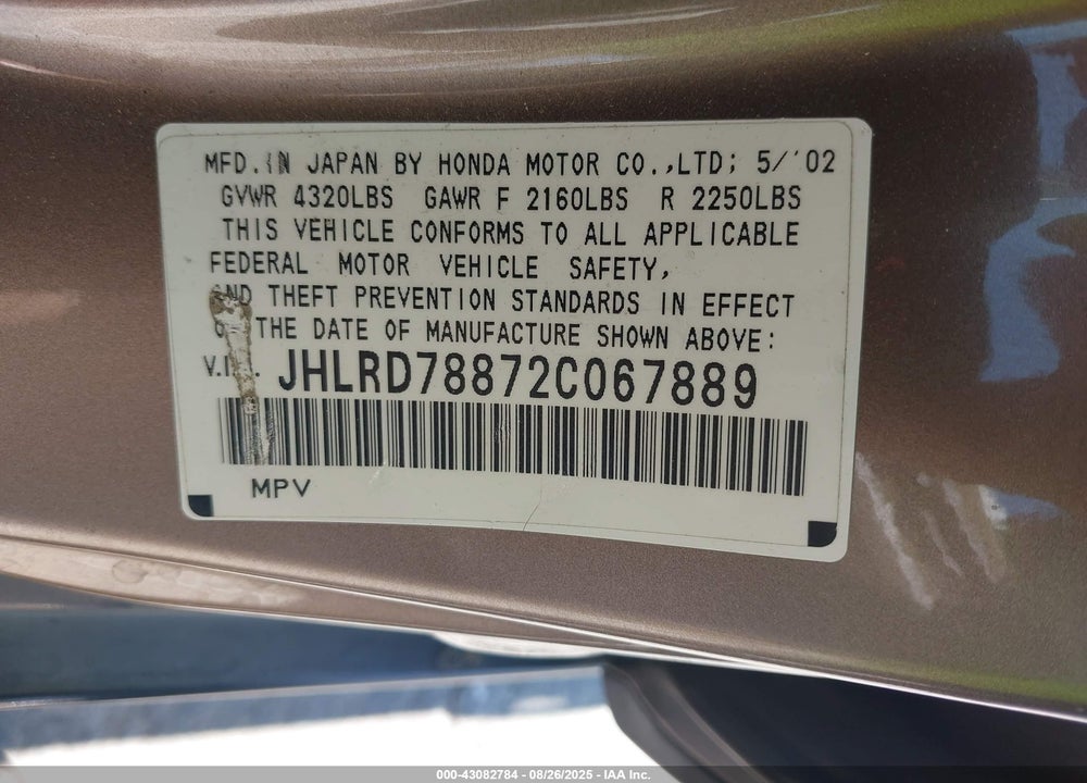 2002 HONDA CR-V EX VIN: JHLRD78872C067889