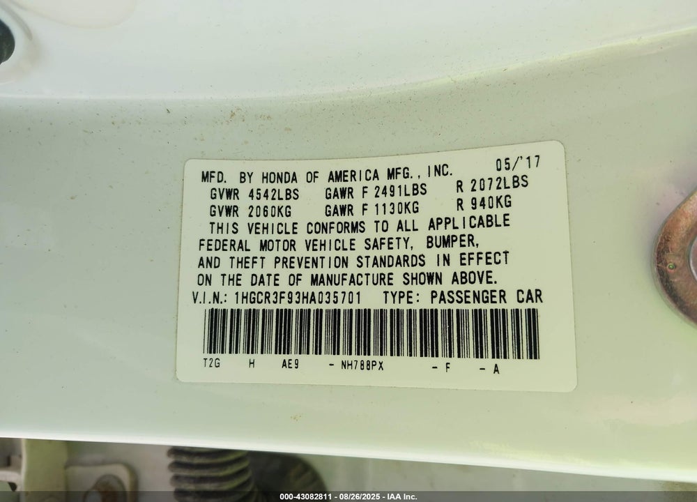 2017 HONDA ACCORD VIN: 1HGCR3F93HA035701