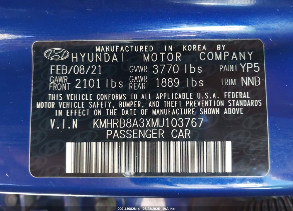 2021 HYUNDAI VENUE VIN: KMHRB8A3XMU103767
