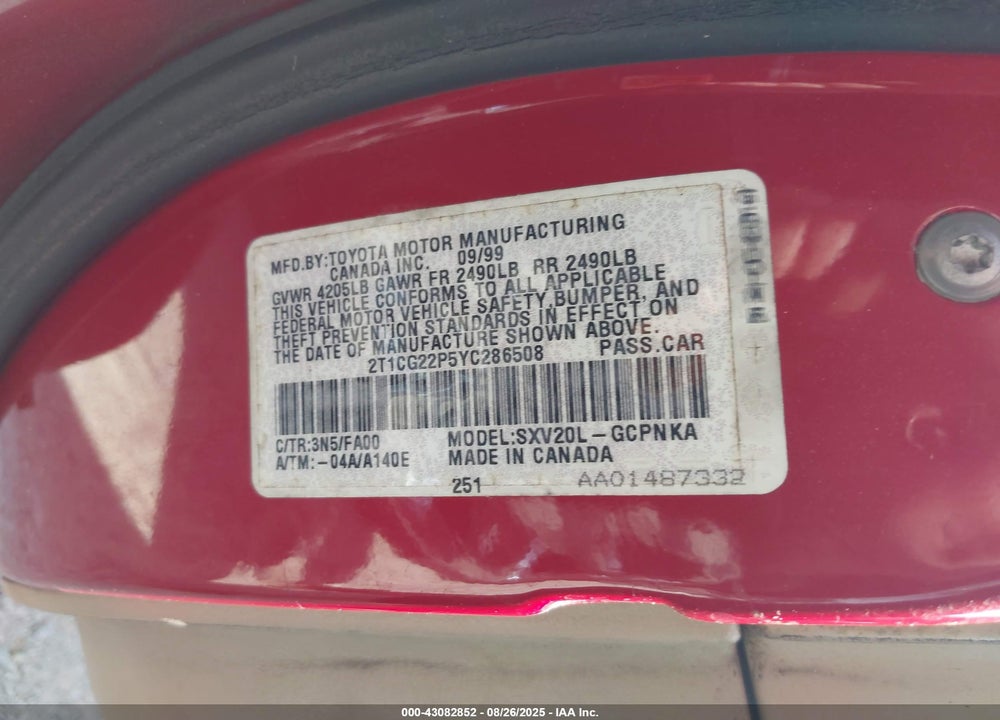 2000 TOYOTA CAMRY SOLARA SE VIN: 2T1CG22P5YC286508