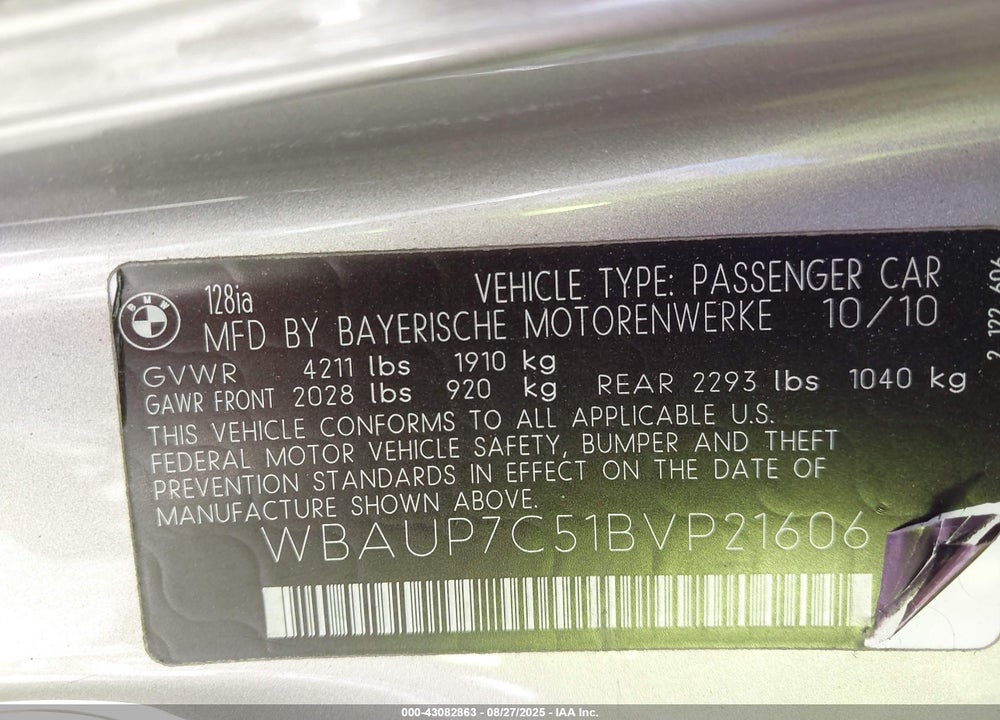 2011 BMW 1 SERIES VIN: WBAUP7C51BVP21606