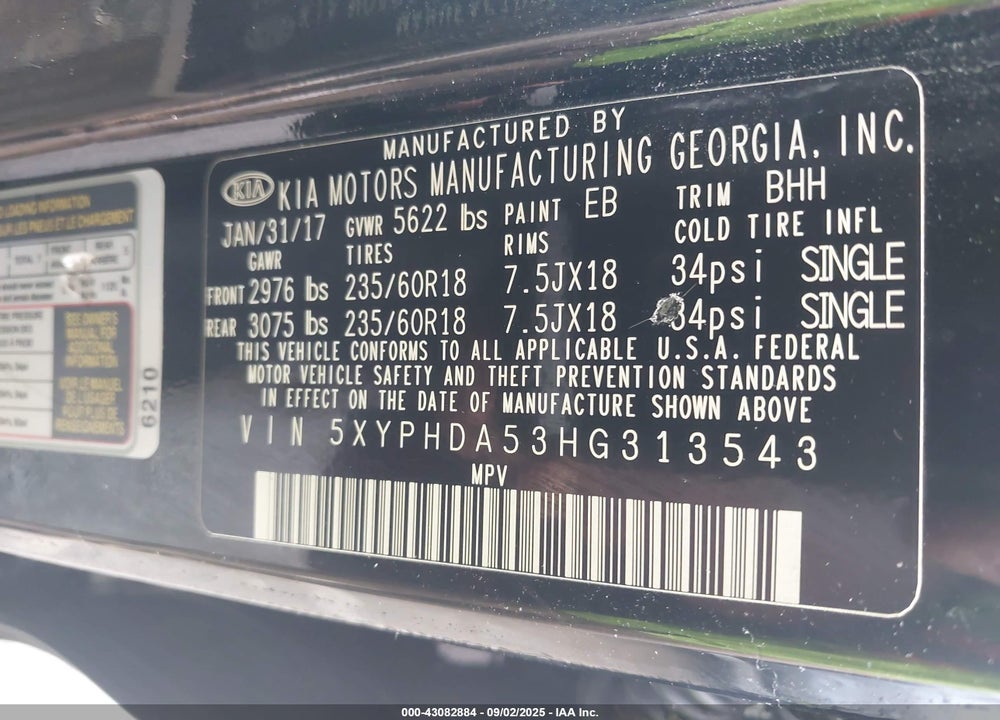 2017 KIA SORENTO VIN: 5XYPHDA53HG313543
