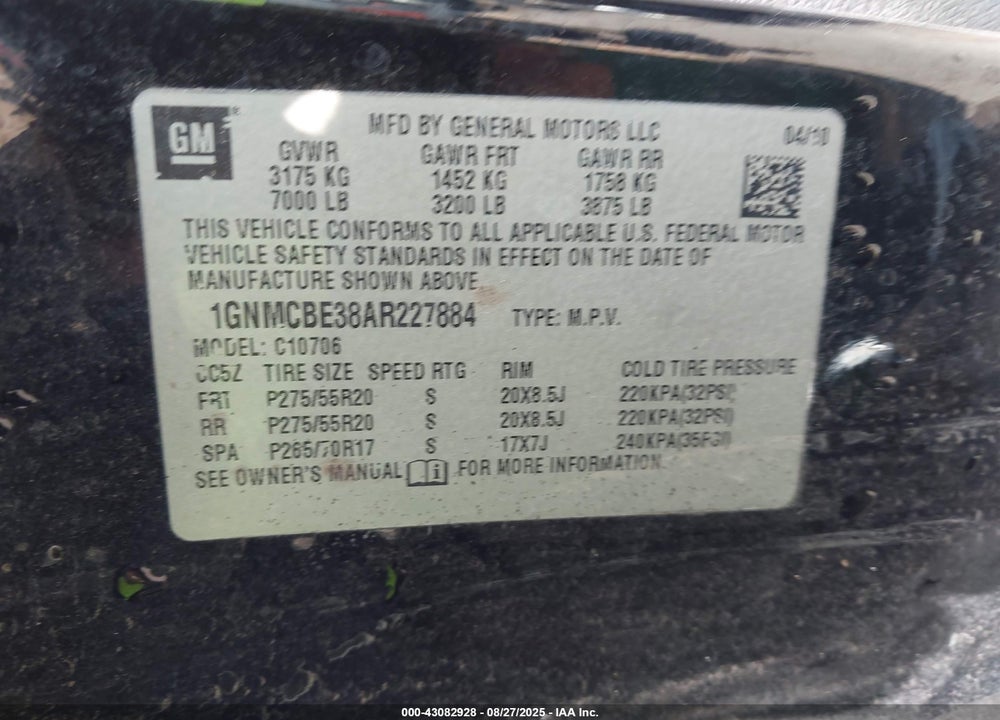 2010 CHEVROLET TAHOE VIN: 1GNMCBE38AR227884