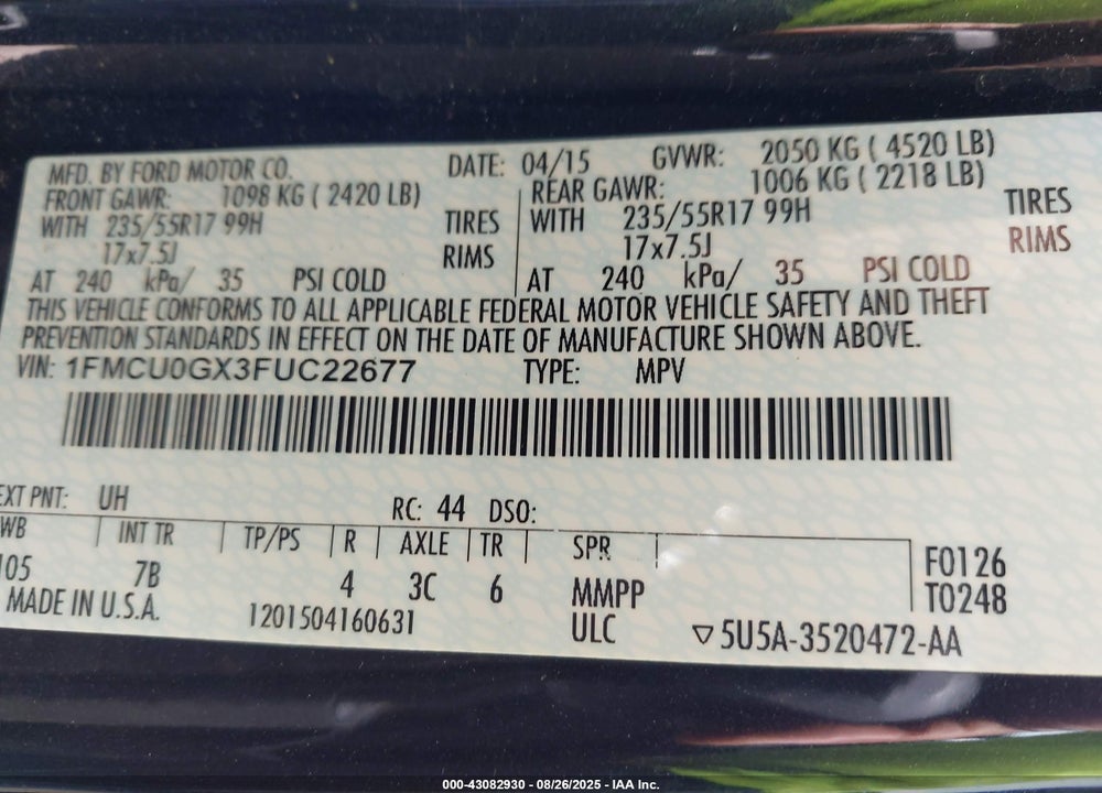 2015 FORD ESCAPE VIN: 1FMCU0GX3FUC22677