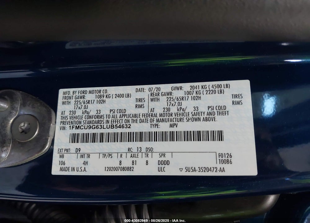 2020 FORD ESCAPE VIN: 1FMCU9G63LUB54632
