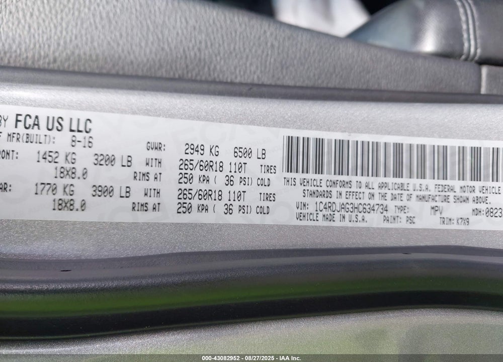 2017 DODGE DURANGO VIN: 1C4RDJAG3HC634734