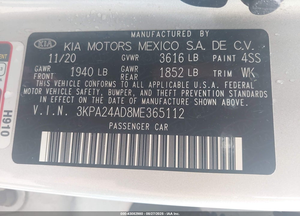 2021 KIA RIO VIN: 3KPA24AD8ME365112