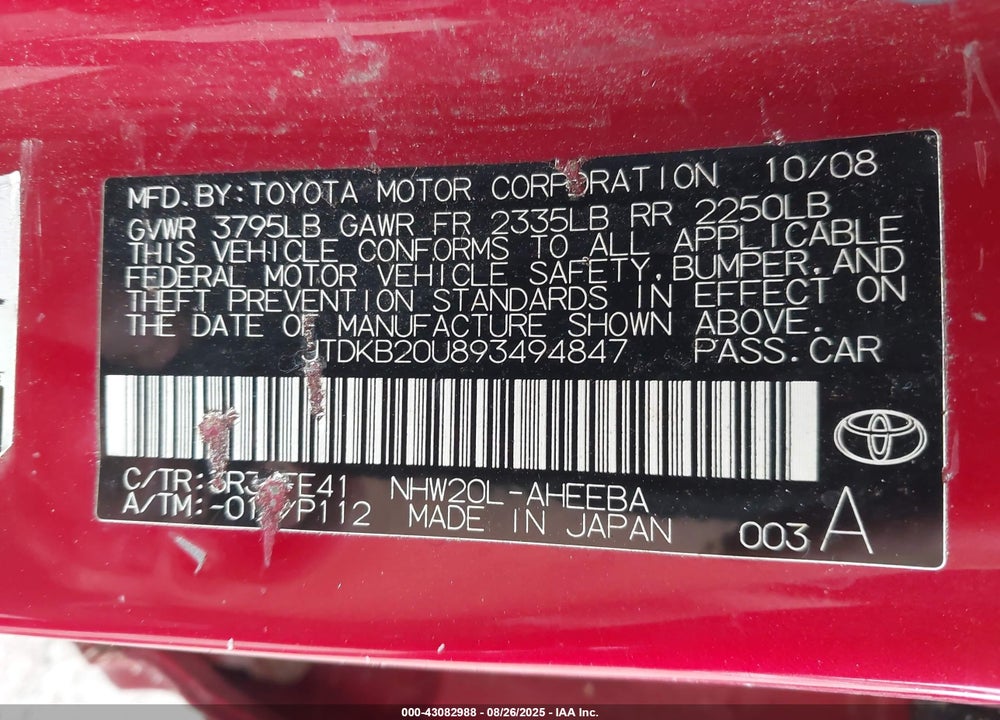 2009 TOYOTA PRIUS VIN: JTDKB20U893494847