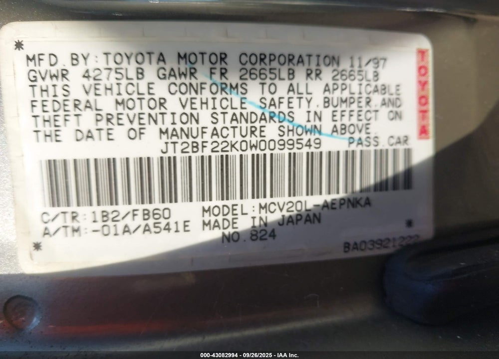 1998 TOYOTA CAMRY VIN: JT2BF22K0W0099549
