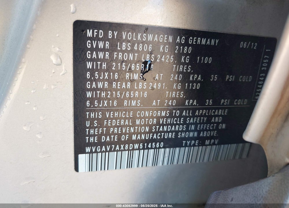 2013 VOLKSWAGEN TIGUAN S VIN: WVGAV7AX8DW514560