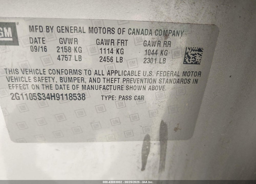 2017 CHEVROLET IMPALA VIN: 2G1105S34H9118538