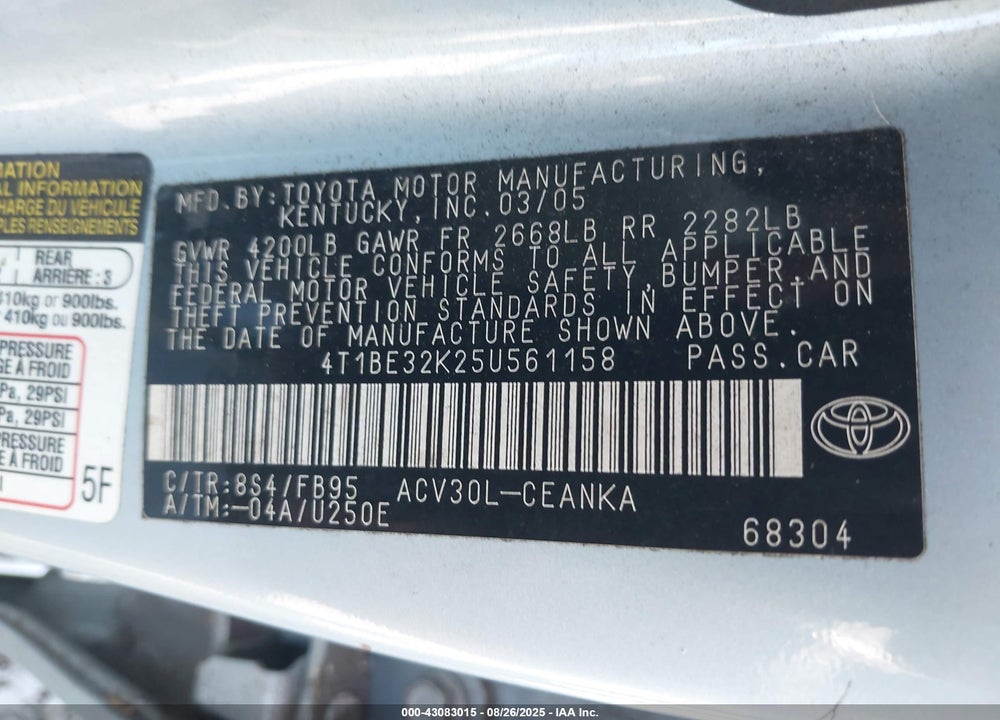 2005 TOYOTA CAMRY LE VIN: 4T1BE32K25U561158