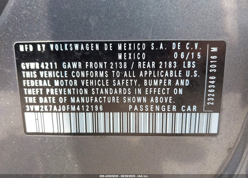 2015 VOLKSWAGEN JETTA VIN: 3VW2K7AJ0FM412196