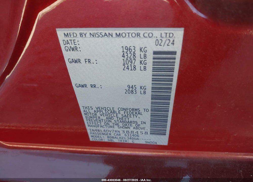 2024 NISSAN ALTIMA VIN: 1N4BL4DV7RN388458