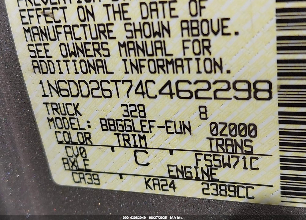 2004 NISSAN FRONTIER XE VIN: 1N6DD26T74C462298