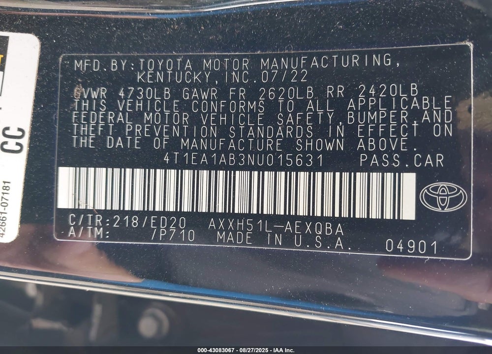 2022 TOYOTA AVALON VIN: 4T1EA1AB3NU015631