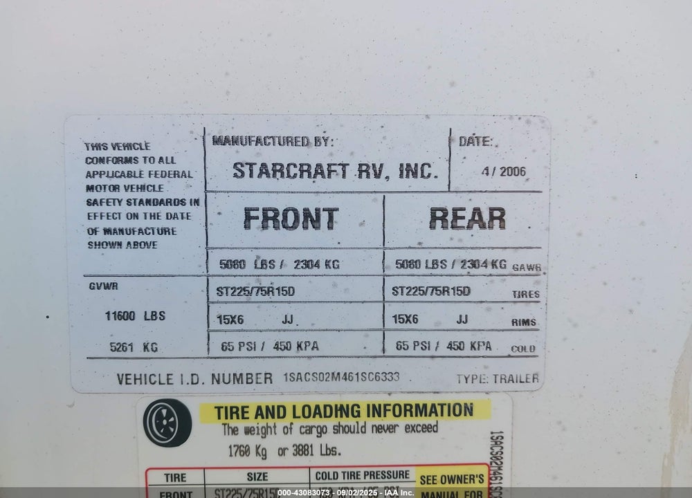 2006 STARCRAFT TRAVEL TRAILER VIN: 1SACS02M461SC6333