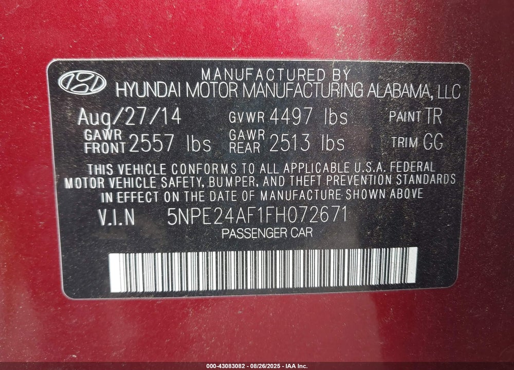 2015 HYUNDAI SONATA SE VIN: 5NPE24AF1FH072671