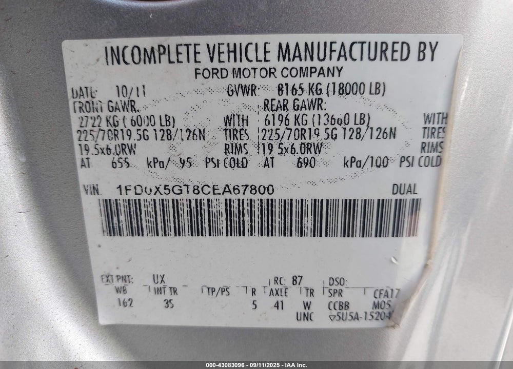2012 FORD F-550 CHASSIS XLT VIN: 1FD0X5GT8CEA67800