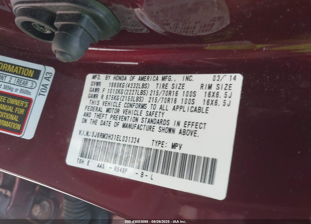 2014 HONDA CR-V VIN: 5J6RM3H31EL031334