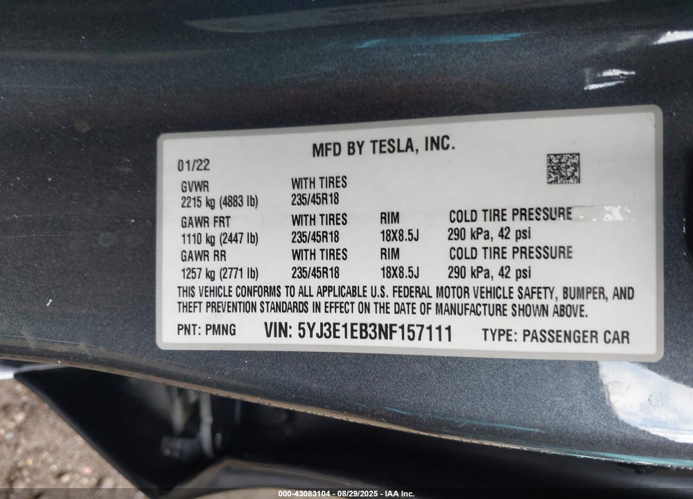 2022 TESLA MODEL 3 LONG RANGE DUAL MOTOR ALL-WHEEL DRIVE VIN: 5YJ3E1EB3NF157111